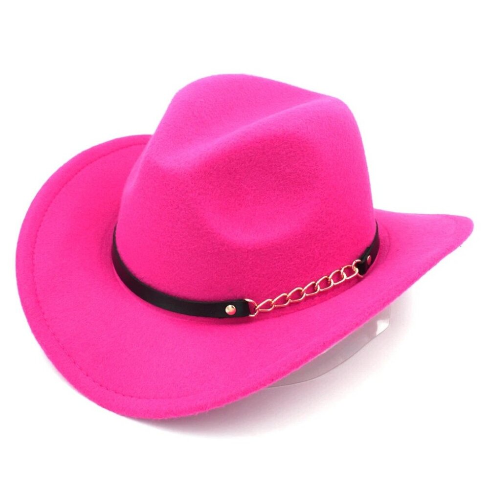 Hot Pink Western Cowboy Hat Wide Brim Fedora Style with Chain Band, Men & Women